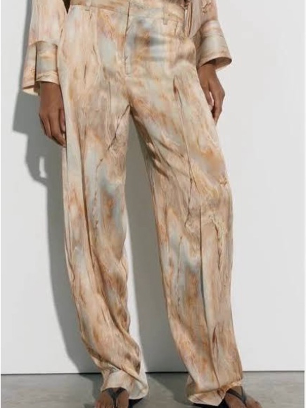 zara marble print pants trousers satin silky blue beige grey high rise wide leg